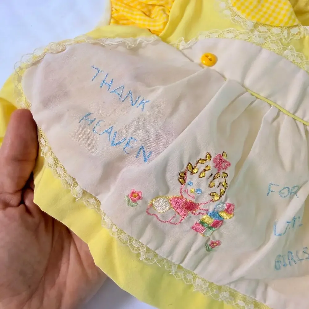 Vintage 70s Cradle Togs Thank Heaven For Little Girls Yellow Pinafore Dress 0-6m